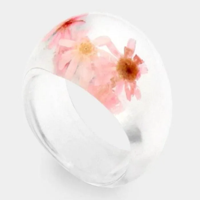 Pressed Pink Flower Clear Lucite Ring