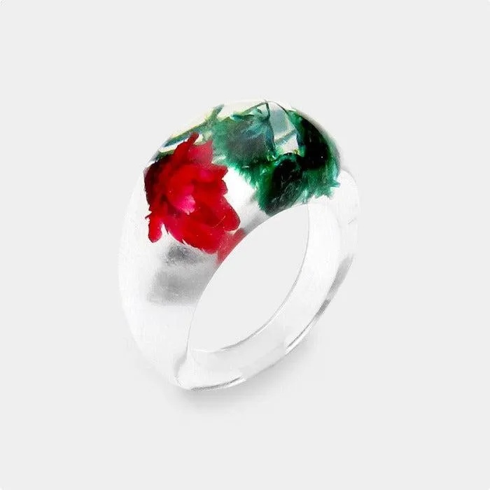 Pressed Red Flower Clear Lucite Ring