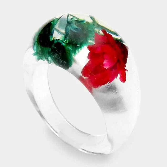 Pressed Red Flower Clear Lucite Ring