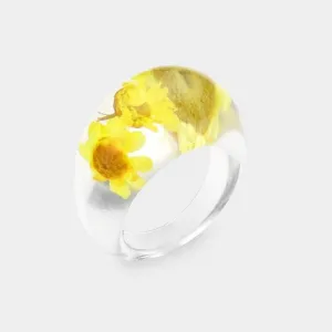 Pressed Yellow Flower Clear Lucite Ring