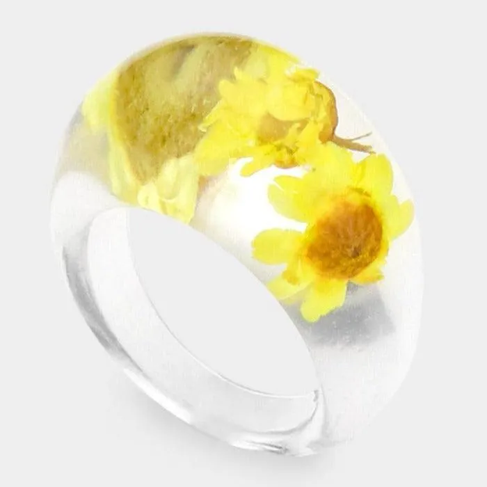 Pressed Yellow Flower Clear Lucite Ring
