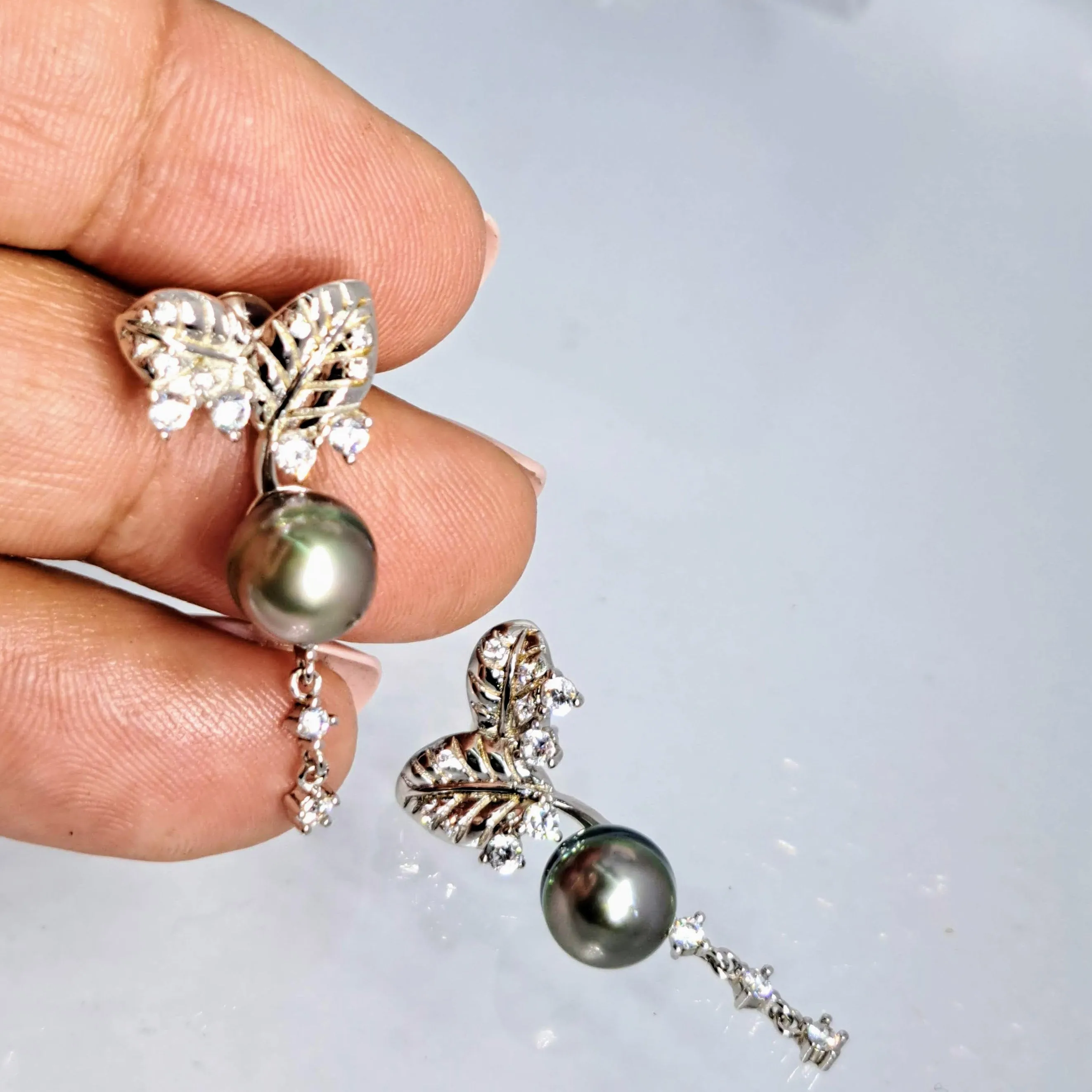 "Tahitian Sparkles" 1.5" Earrings - Tahitian Pearls, White Topaz, Anti-tarnish Sterling