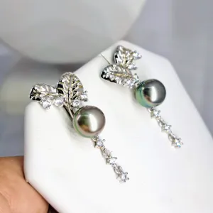 "Tahitian Sparkles" 1.5" Earrings - Tahitian Pearls, White Topaz, Anti-tarnish Sterling