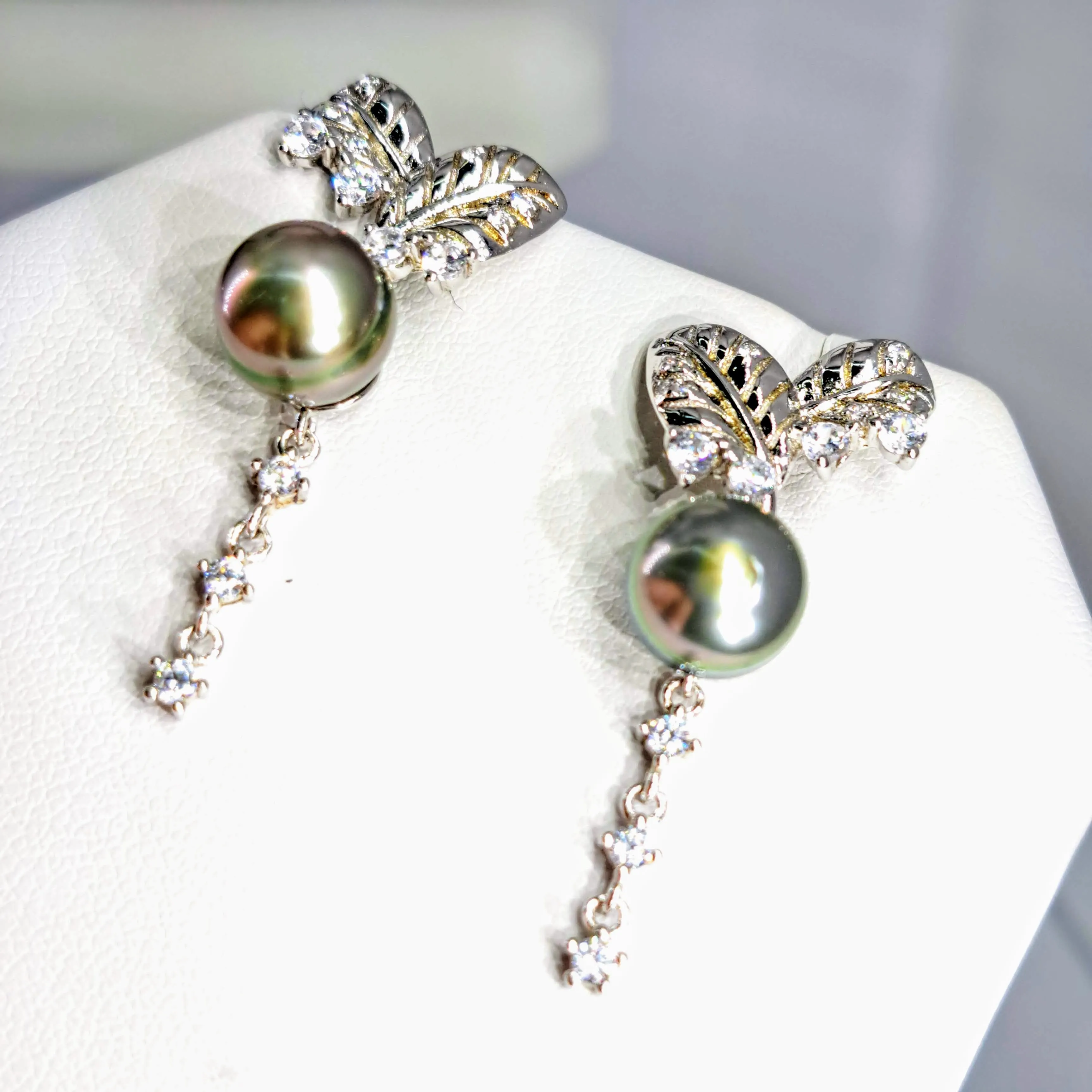 "Tahitian Sparkles" 1.5" Earrings - Tahitian Pearls, White Topaz, Anti-tarnish Sterling