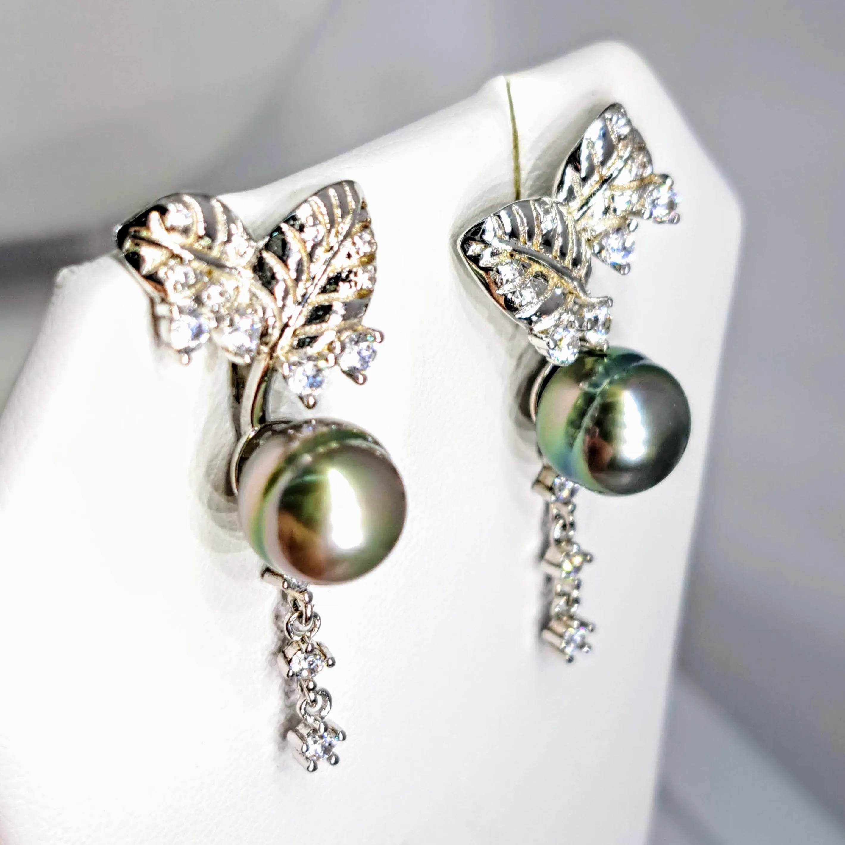 "Tahitian Sparkles" 1.5" Earrings - Tahitian Pearls, White Topaz, Anti-tarnish Sterling
