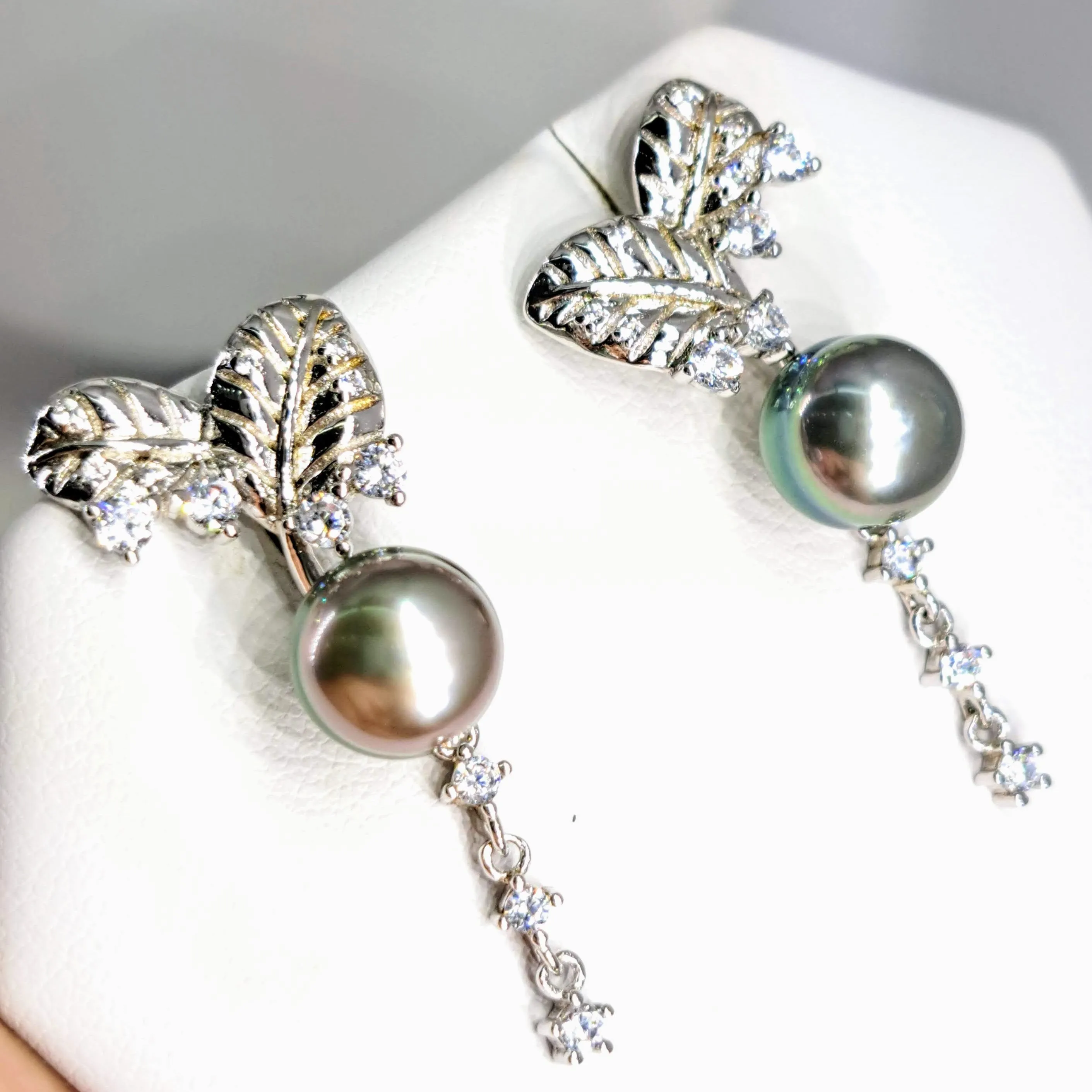 "Tahitian Sparkles" 1.5" Earrings - Tahitian Pearls, White Topaz, Anti-tarnish Sterling