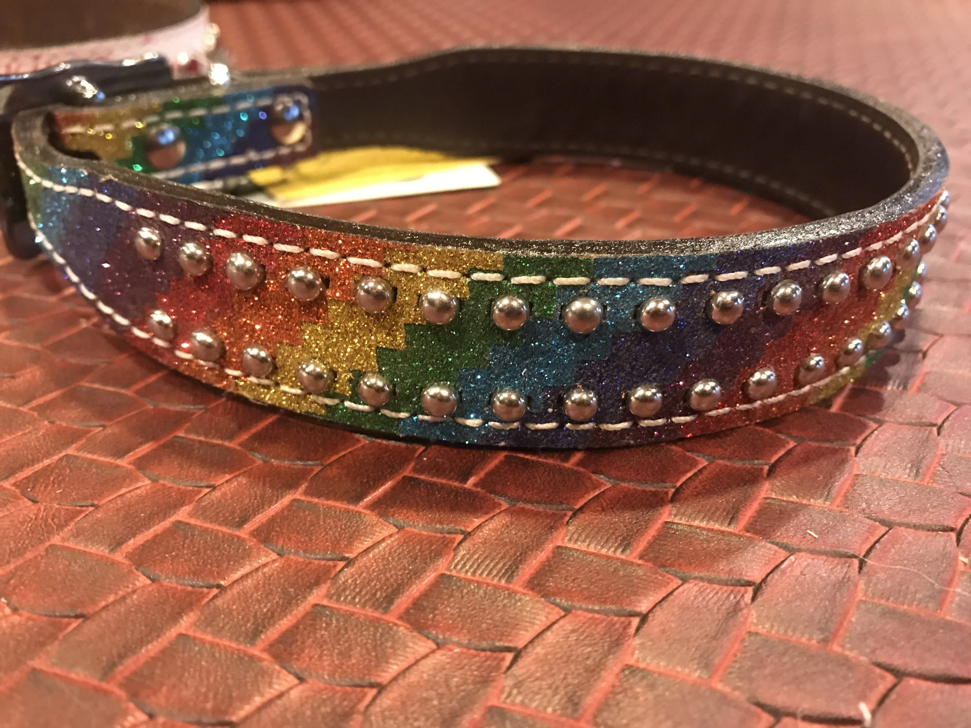 Rainbow Glitter overlay leather dog collar.