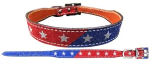 Red and Blue Glitter overlay leather dog collar