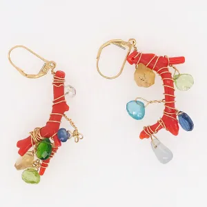 Red Coral Branch Earrings with Gemstones