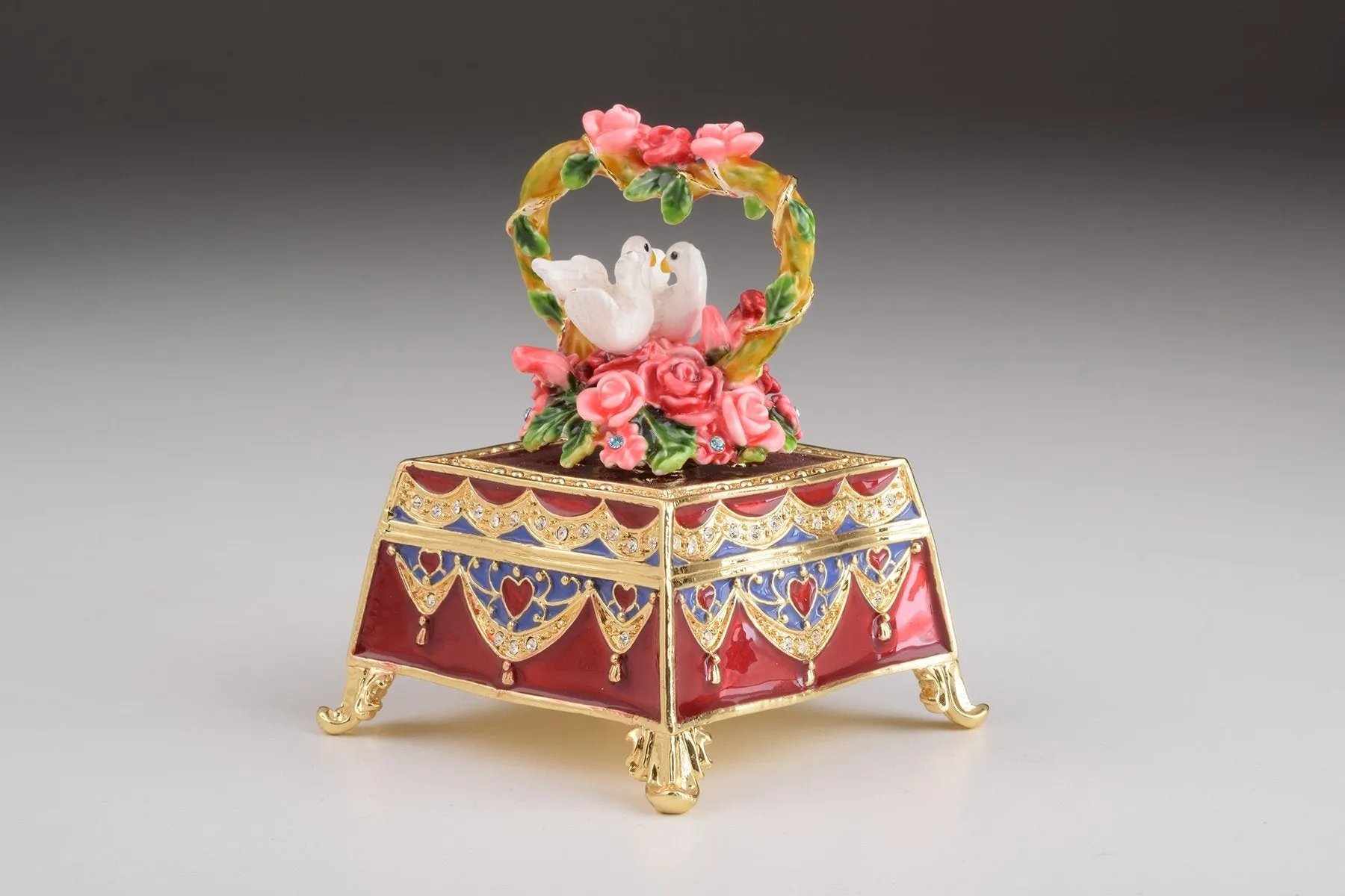 Red Decorated Box with Roses and Two White Doves
