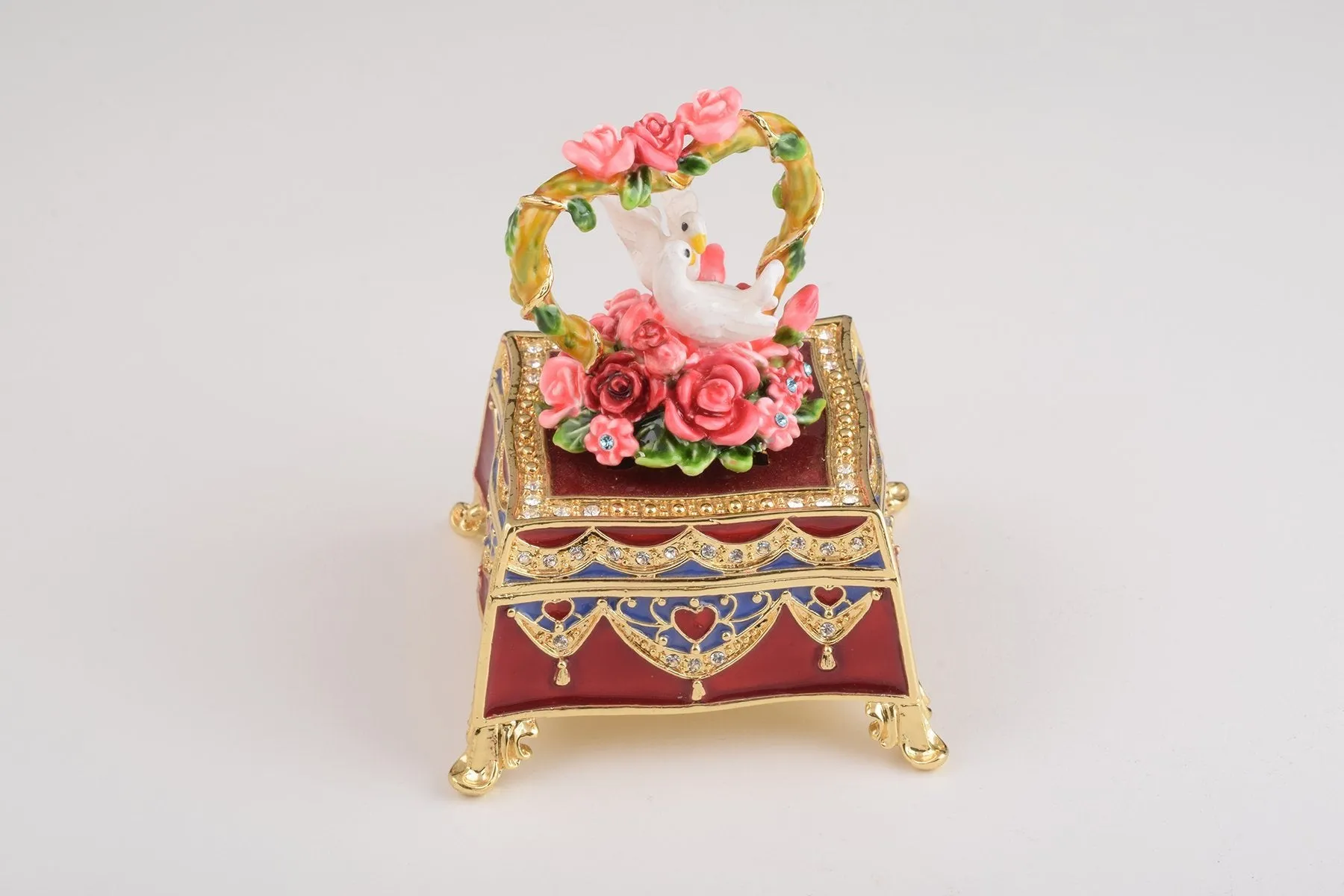 Red Decorated Box with Roses and Two White Doves