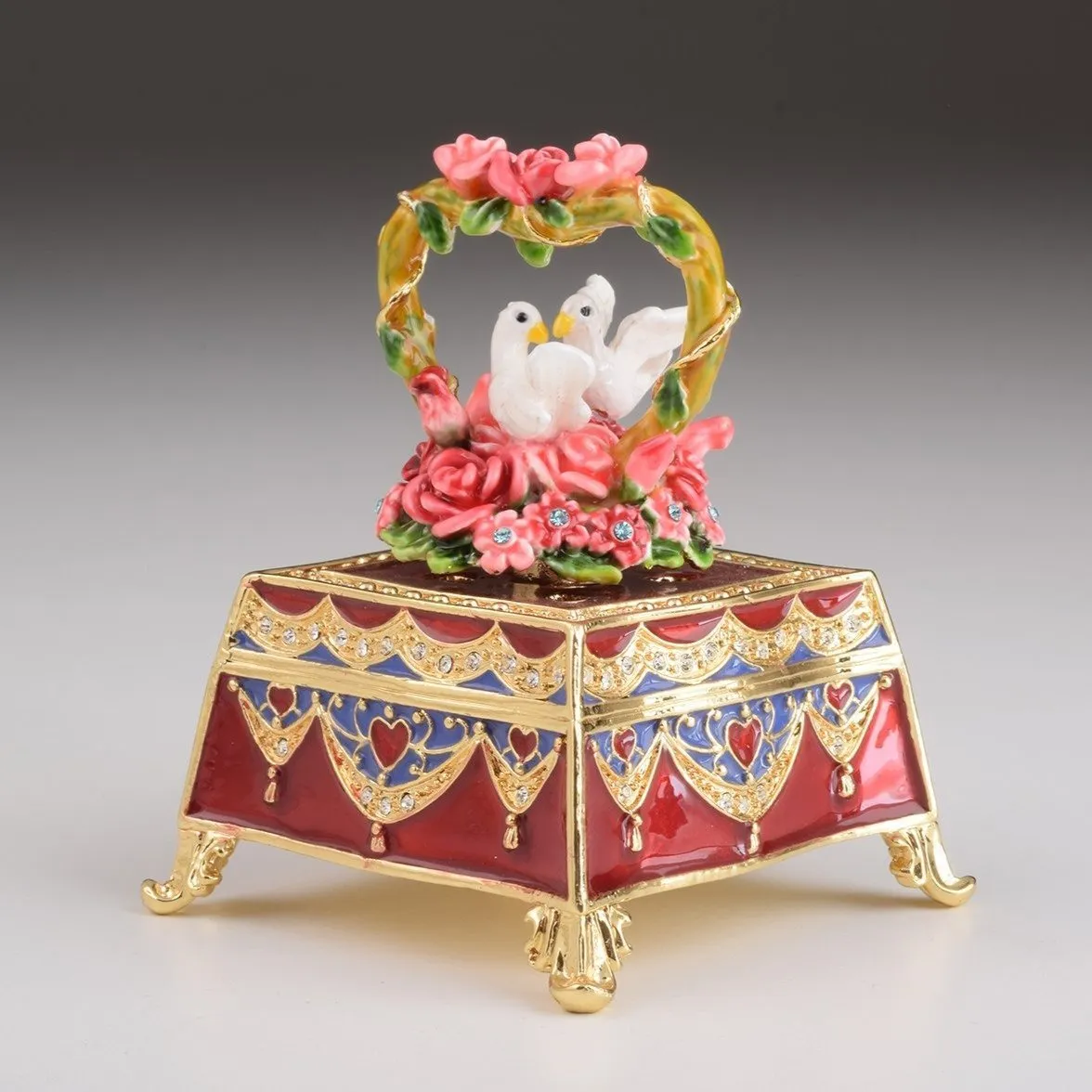 Red Decorated Box with Roses and Two White Doves