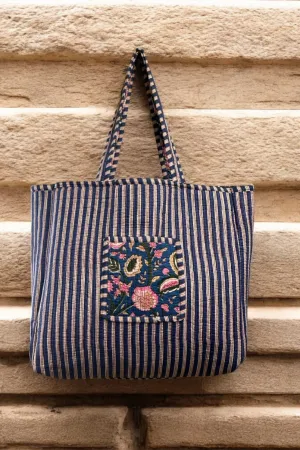 Reversible Cotton Quilted Tote - Blue Pink Bouquet