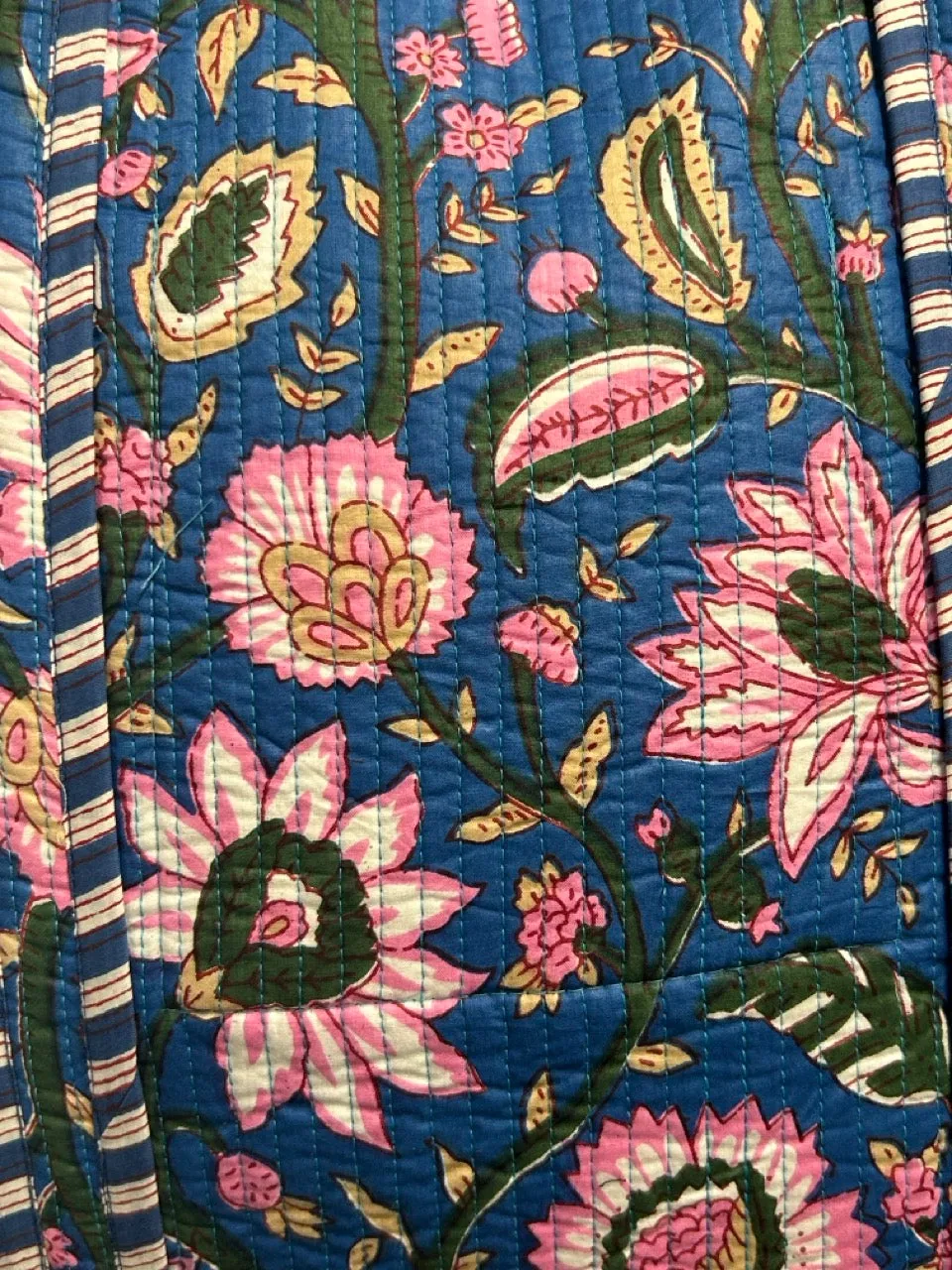 Reversible Cotton Quilted Tote - Blue Pink Bouquet