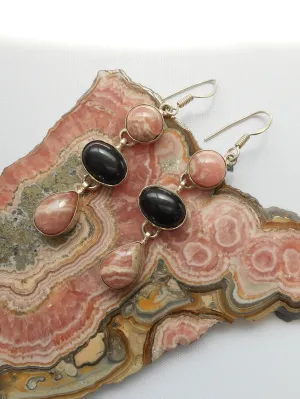 Rhodachrosite Earring Set 1 with Onyx