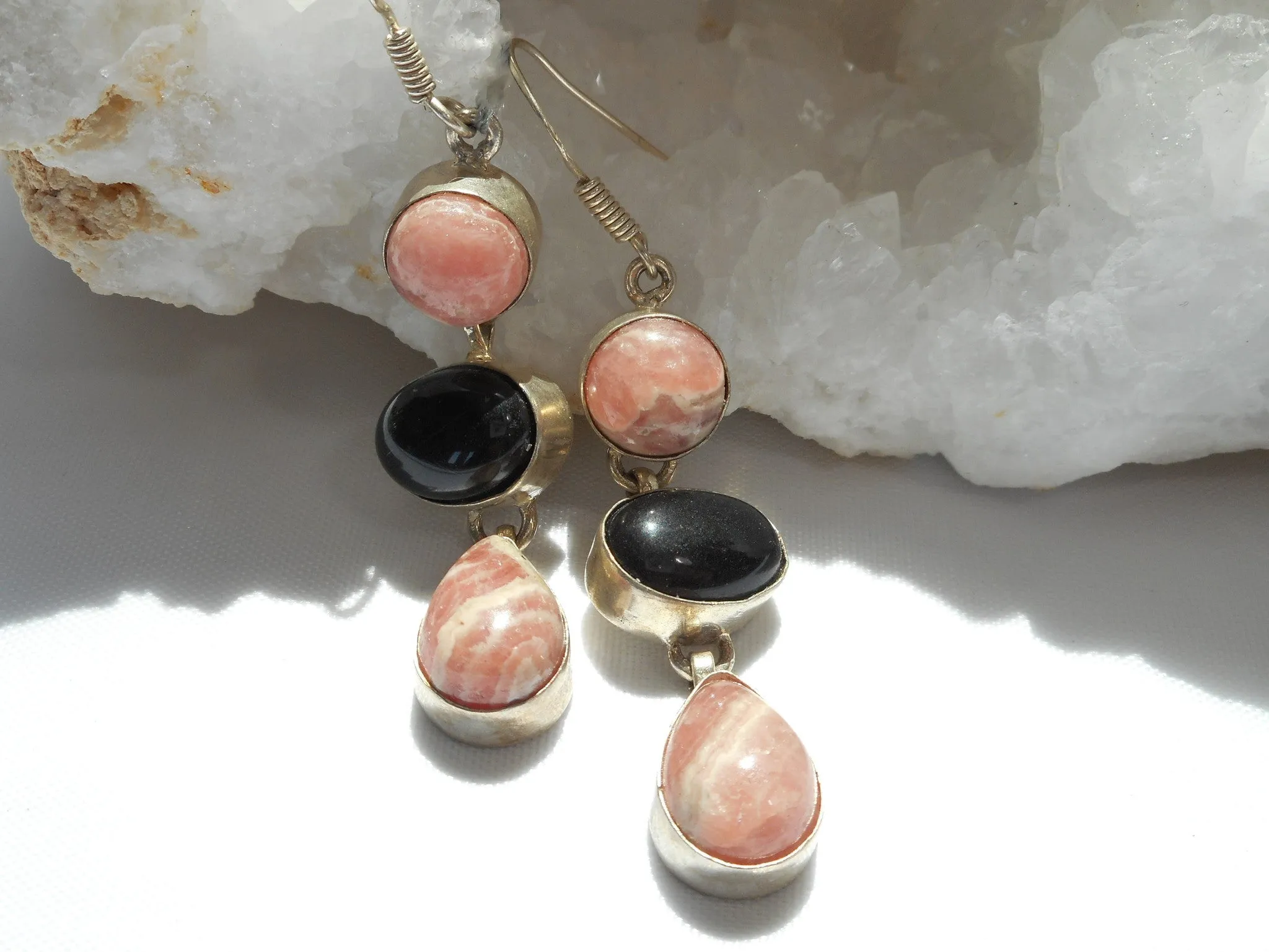 Rhodachrosite Earring Set 1 with Onyx