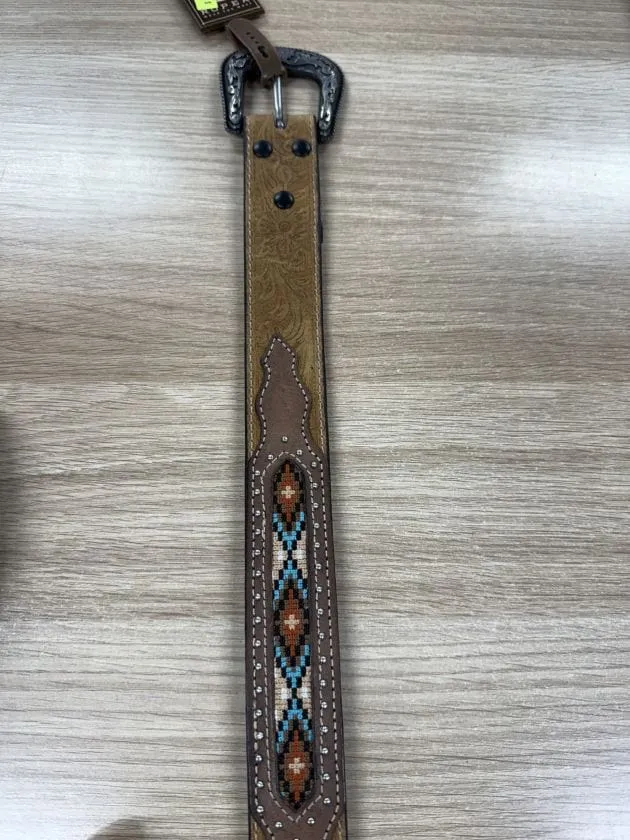 Roper Mens Genuine Leather Belt Brown/Aztec Overlay