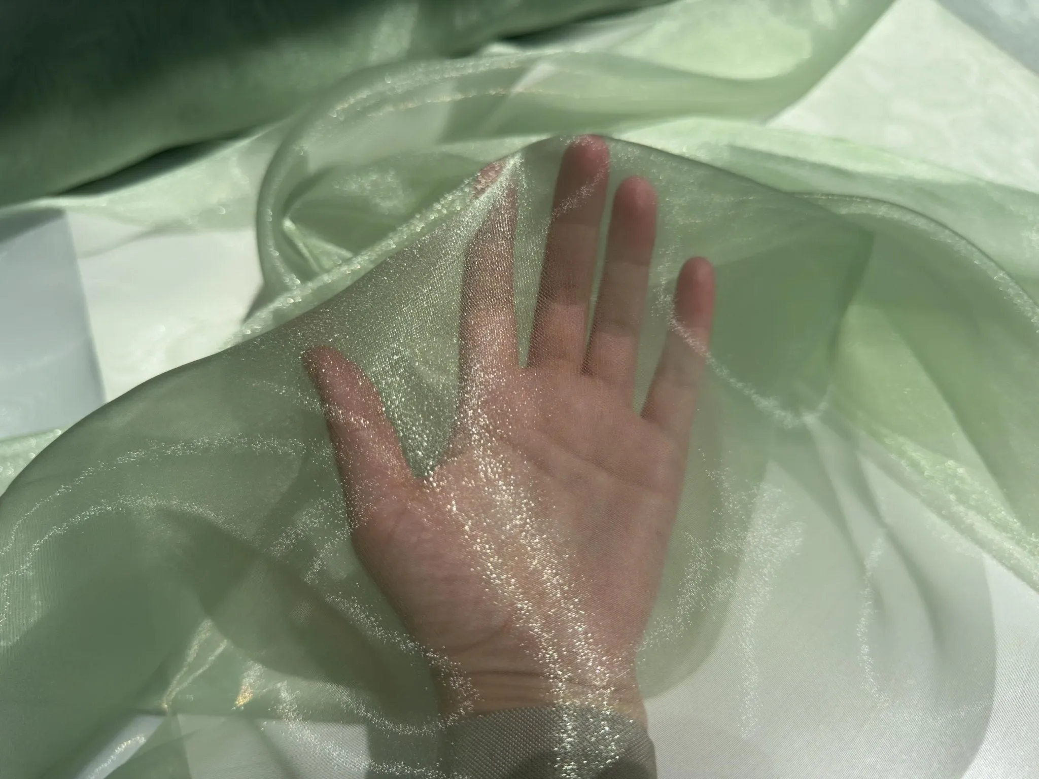 Sage Crystal Organza Fabric By the Yard, Shinny Green Organza Material for Wedding Wear, Evening Gowns, Event Decoration, Bows Making Fabric