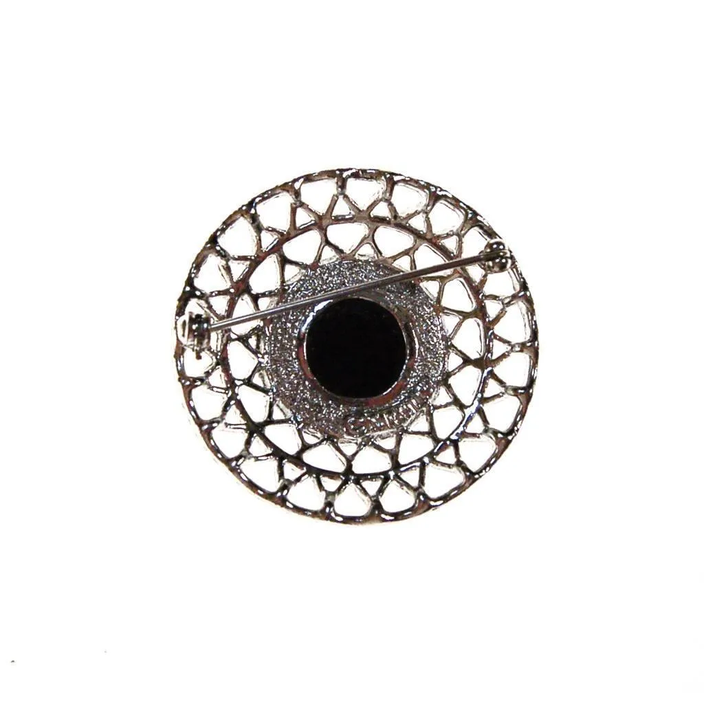 Sarah Coventry Silver Brooch with Black Lucite Center, Round Shape
