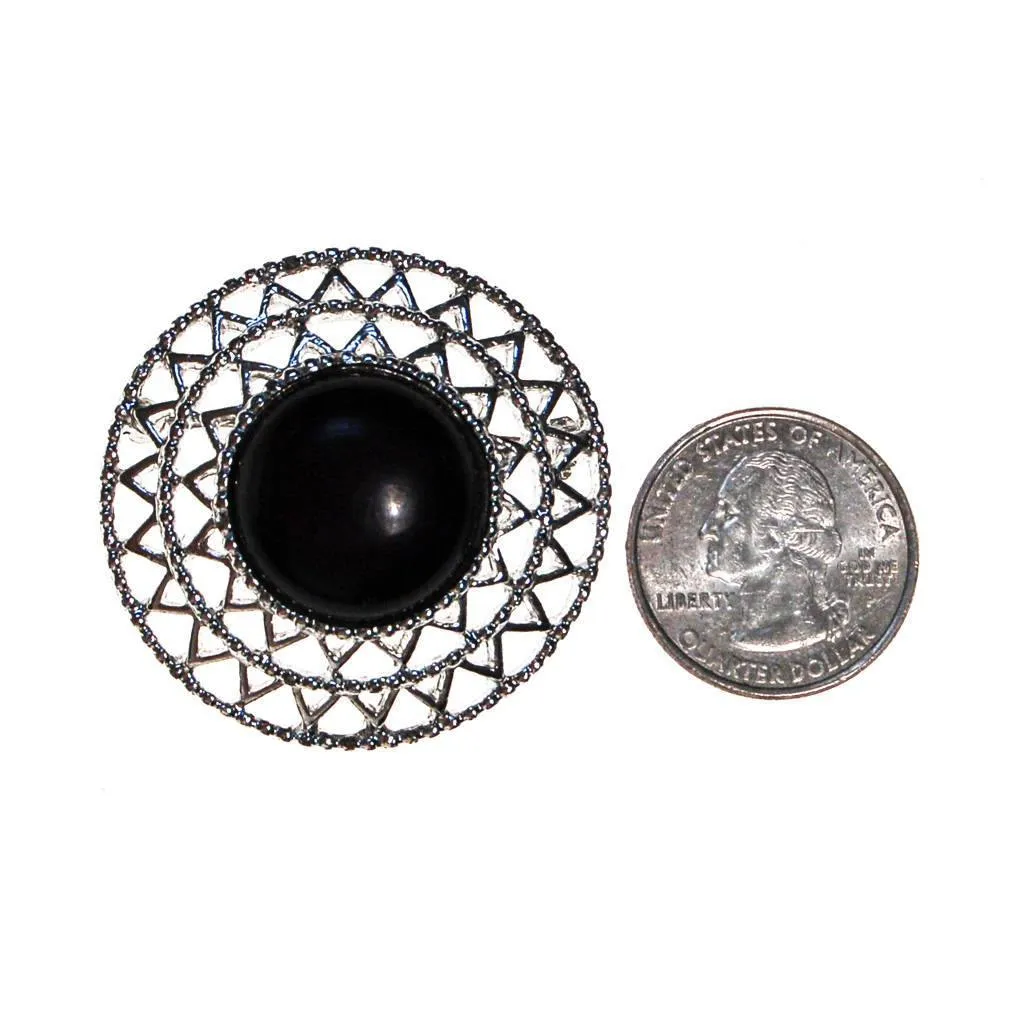 Sarah Coventry Silver Brooch with Black Lucite Center, Round Shape