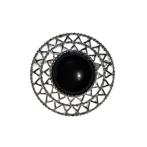 Sarah Coventry Silver Brooch with Black Lucite Center, Round Shape