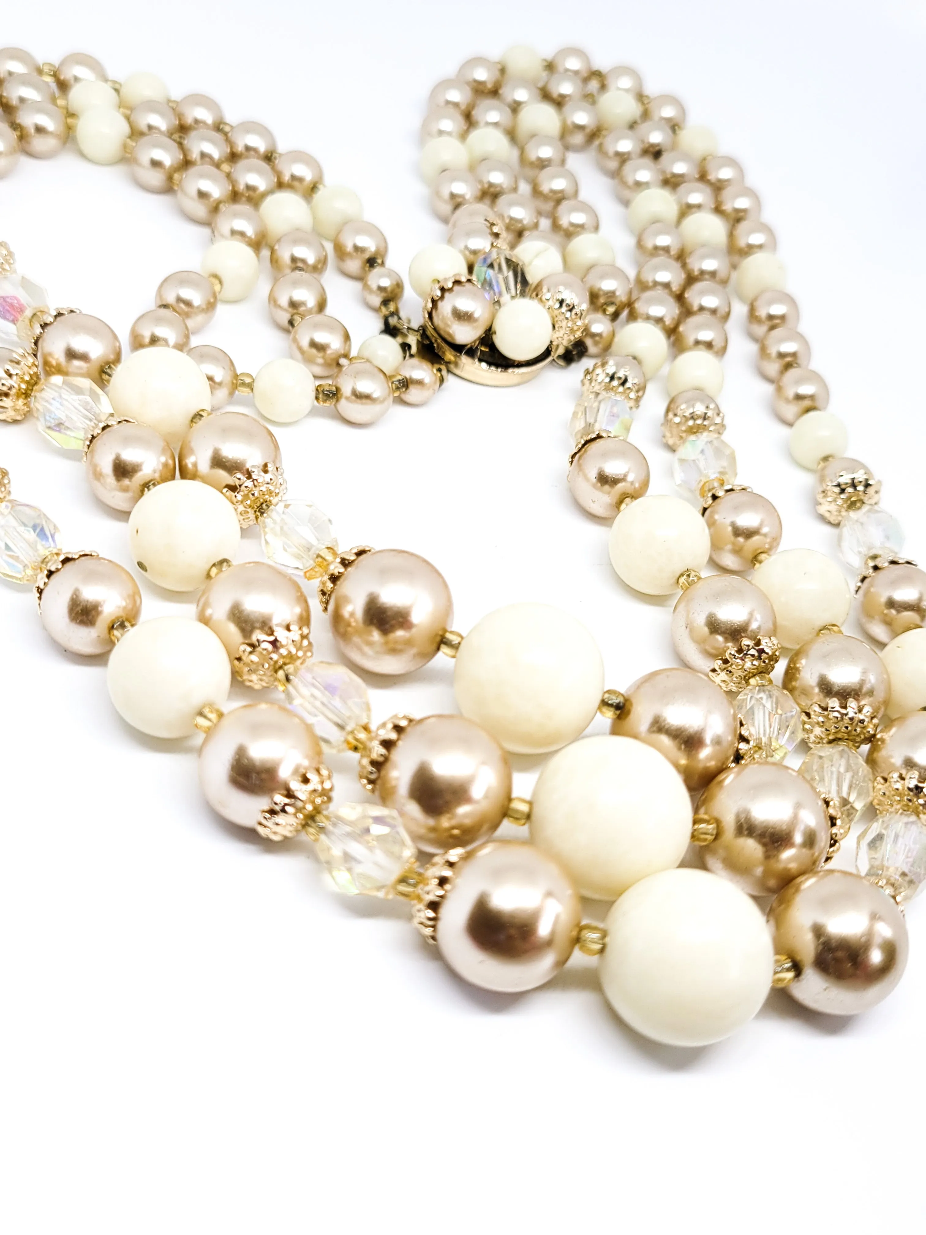 Shades of cream pearl Lucite Austrian crystal triple strand vintage necklace