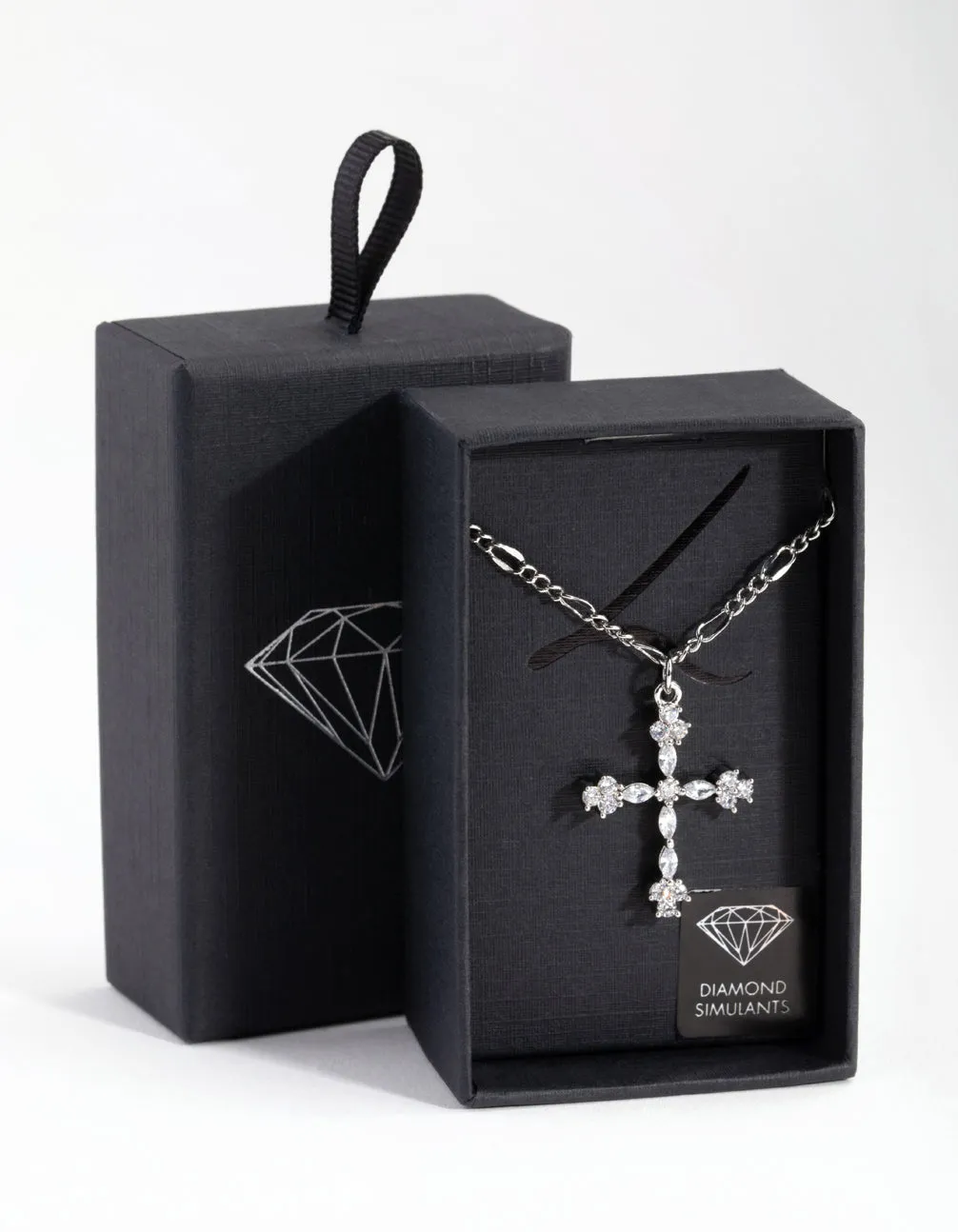 Silver Diamond Simulant Decorated Cross Necklace