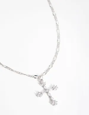 Silver Diamond Simulant Decorated Cross Necklace