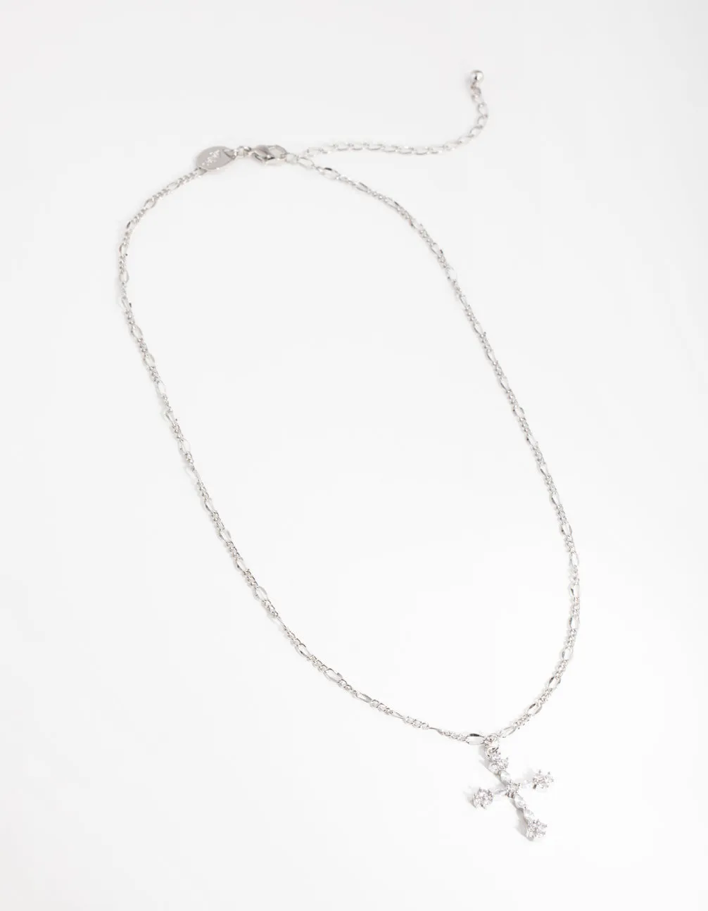 Silver Diamond Simulant Decorated Cross Necklace