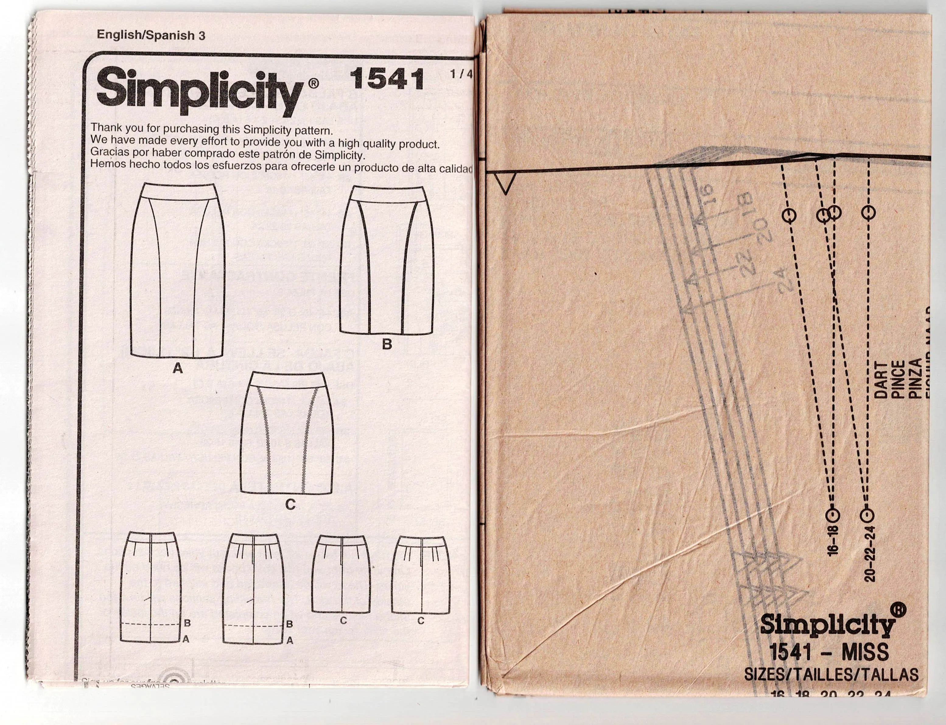 Simplicity 1541 AMAZING FIT Womens Princess Seamed Pencil Skirt Out Of Print Sewing Pattern Size 16 - 24 UNCUT Factory Folded