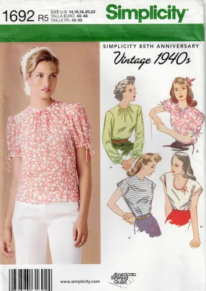 Simplicity 1692 Womens Reissued 1940s Tucked Blouse Out Of Print Sewing Pattern Size 14 - 22 UNCUT Factory Folded