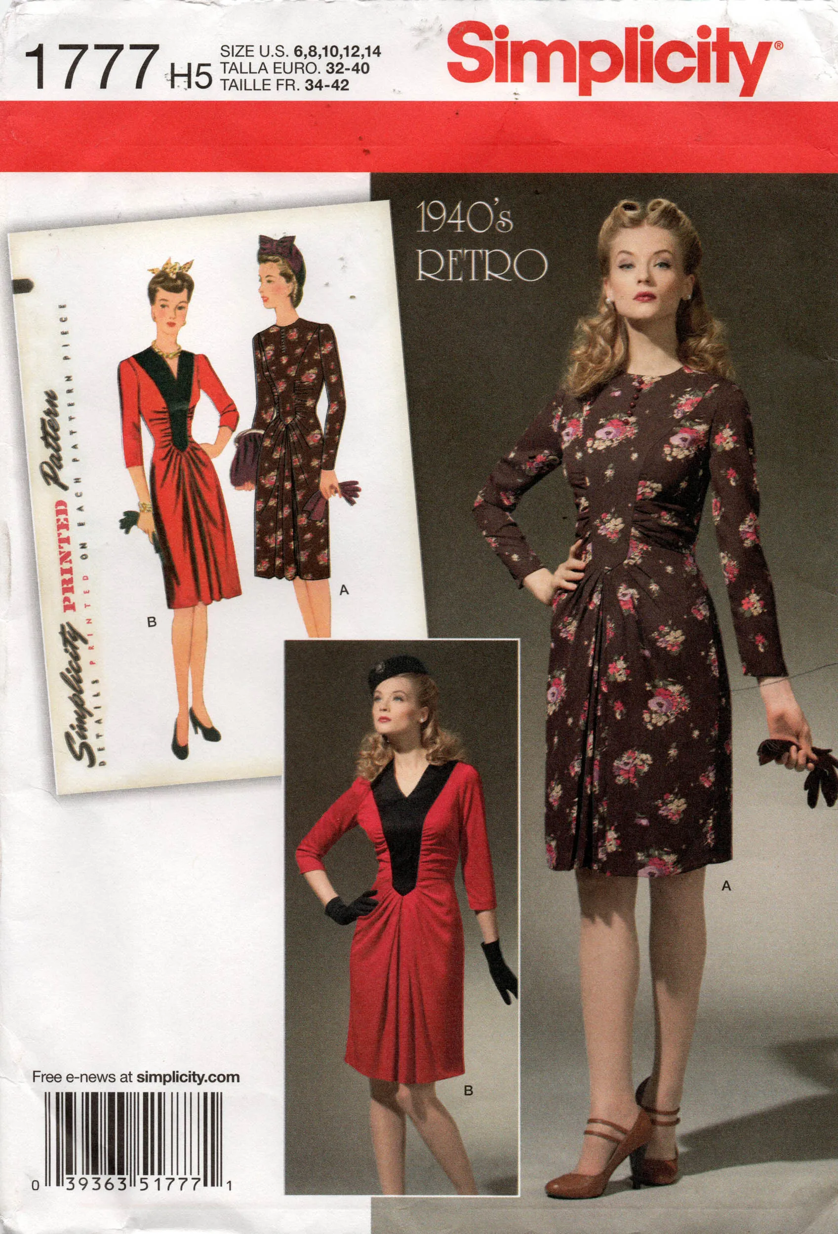 Simplicity 1777 Womens Reissued 1940s Ruched Slim Dress Out Of Print Sewing Pattern Size 6 - 14 UNCUT Factory Folded