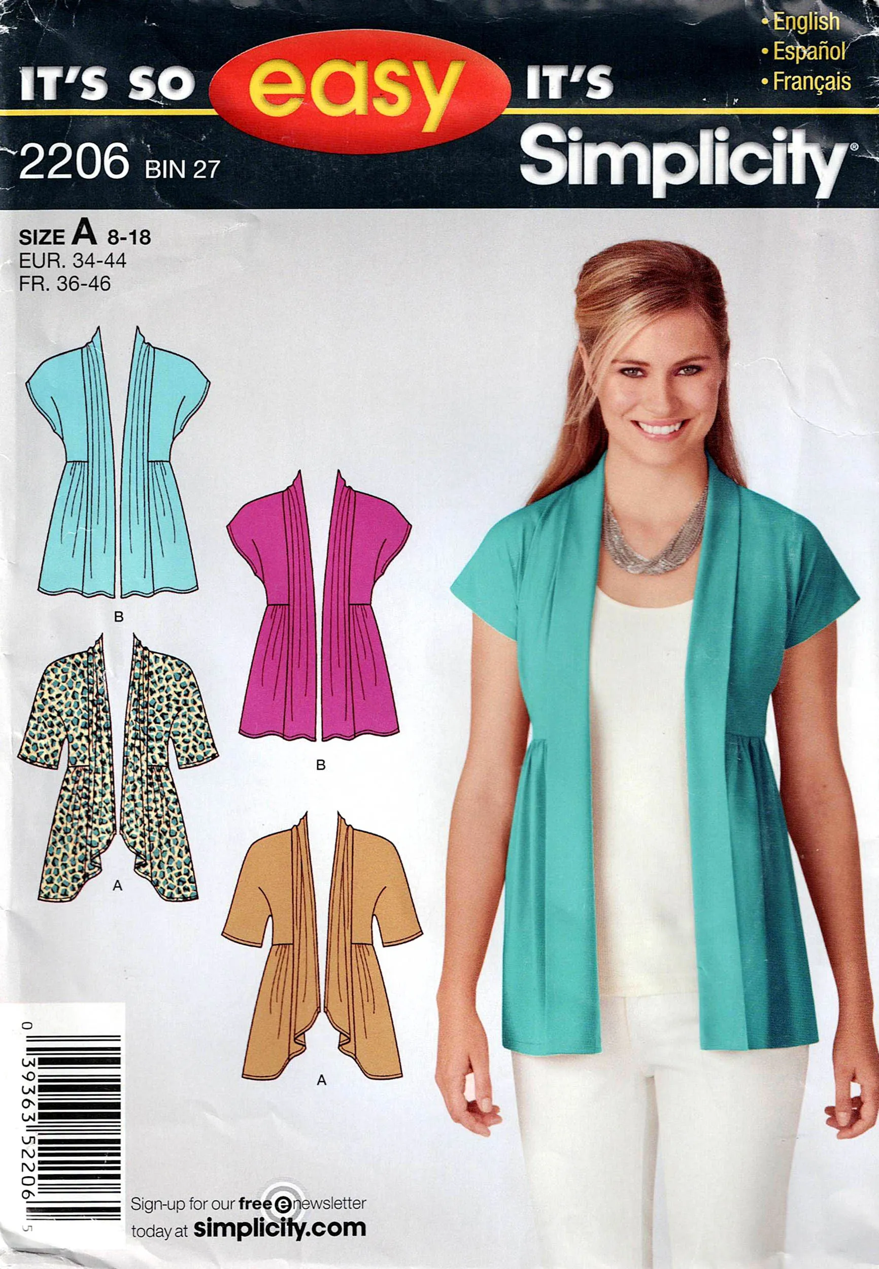 Simplicity 2206 Womens EASY Stretch Knit Cardigan Jacket Out Of Print Sewing Pattern Size 8 - 18 UNCUT Factory Folded
