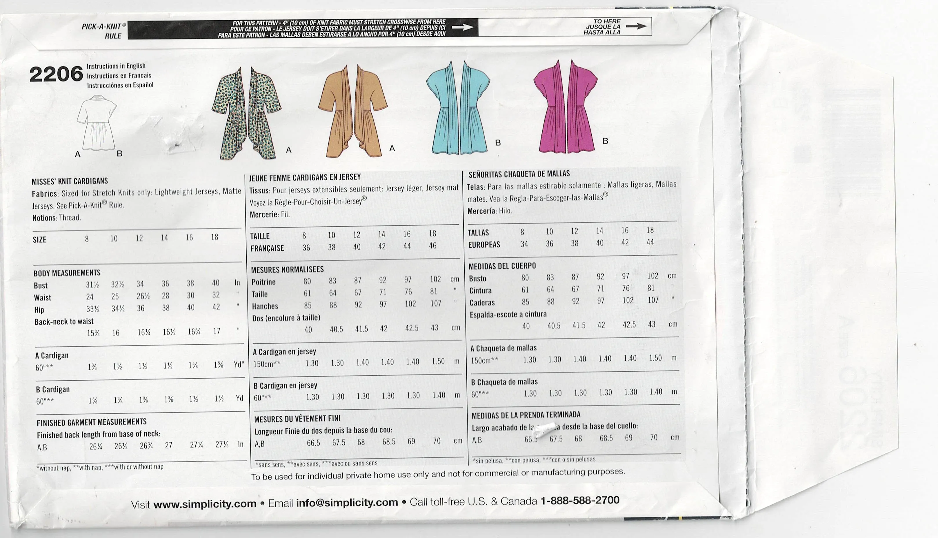 Simplicity 2206 Womens EASY Stretch Knit Cardigan Jacket Out Of Print Sewing Pattern Size 8 - 18 UNCUT Factory Folded