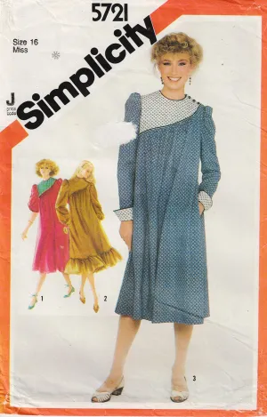 Simplicity 5721 Womens Asymmetric Yoked Smock Dress 1980s Vintage Sewing Pattern Size 16 Bust 38 Inches UNCUT Factory Folded