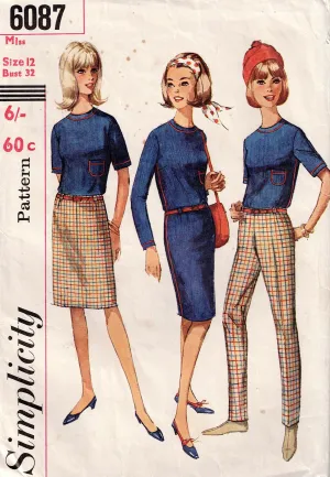 Simplicity 6087 Womens MOD Blouse Hipster Skirt & Pants 1960s Vintage Sewing Pattern Size 12 Bust 32 inches UNUSED Factory Folded