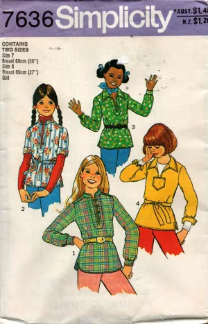 Simplicity 7636 Girls Pullover Tops Hippie Blouse 1970s Vintage Sewing Pattern Size 7 & 8 UNCUT Factory Folded