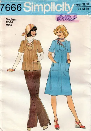 Simplicity 7666 Womens Yoked Pullover Dress or Top with Turn Back Cuffs 1970s Vintage Sewing Pattern Size MED 12 - 14 UNCUT Factory Folded