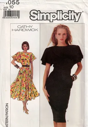 Simplicity 8055 CATHY HARDWICK Womens Capelet Sleeved Dress with Slim or Flared Skirt & Pockets 1980s Vintage Sewing Pattern Size 10 UNCUT Factory Folded