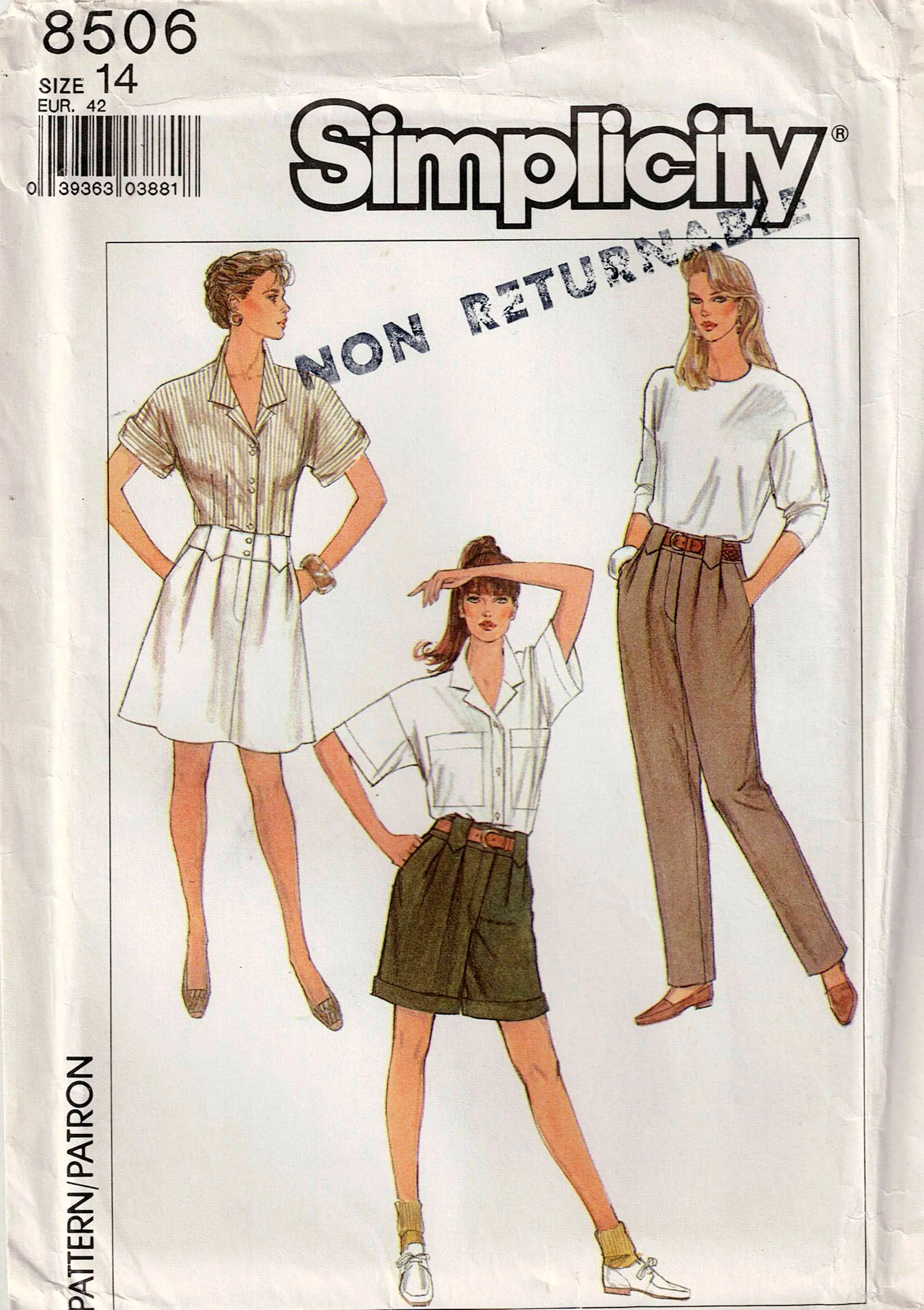 Simplicity 8506 Womens Pleat Front Pants Cuffed Shorts & Skirt 1980s Vintage Sewing Pattern Waist 28 inches UNCUT Factory Folded