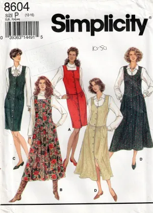 Simplicity 8604 Womens Button Front Slim or Flared Pinafore Jumper Dress 1990s Vintage Sewing Pattern Size 12 - 16 UNCUT Factory Folded