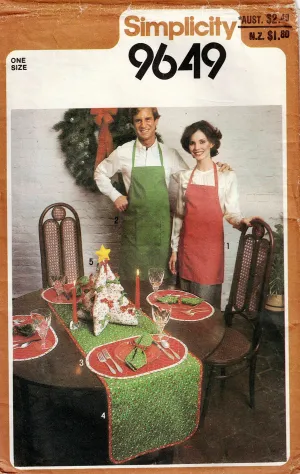 Simplicity 9649 UNISEX Set of Christmas Aprons Table Runner & Placemats 1980s Vintage Sewing Pattern ONE SIZE UNCUT Factory Folded