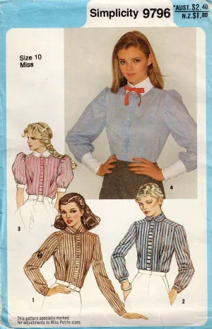 Simplicity 9796 Womens Classic or Puff Sleeved Shirts 1980s Vintage Sewing Pattern Size 10 UNCUT Factory Folded