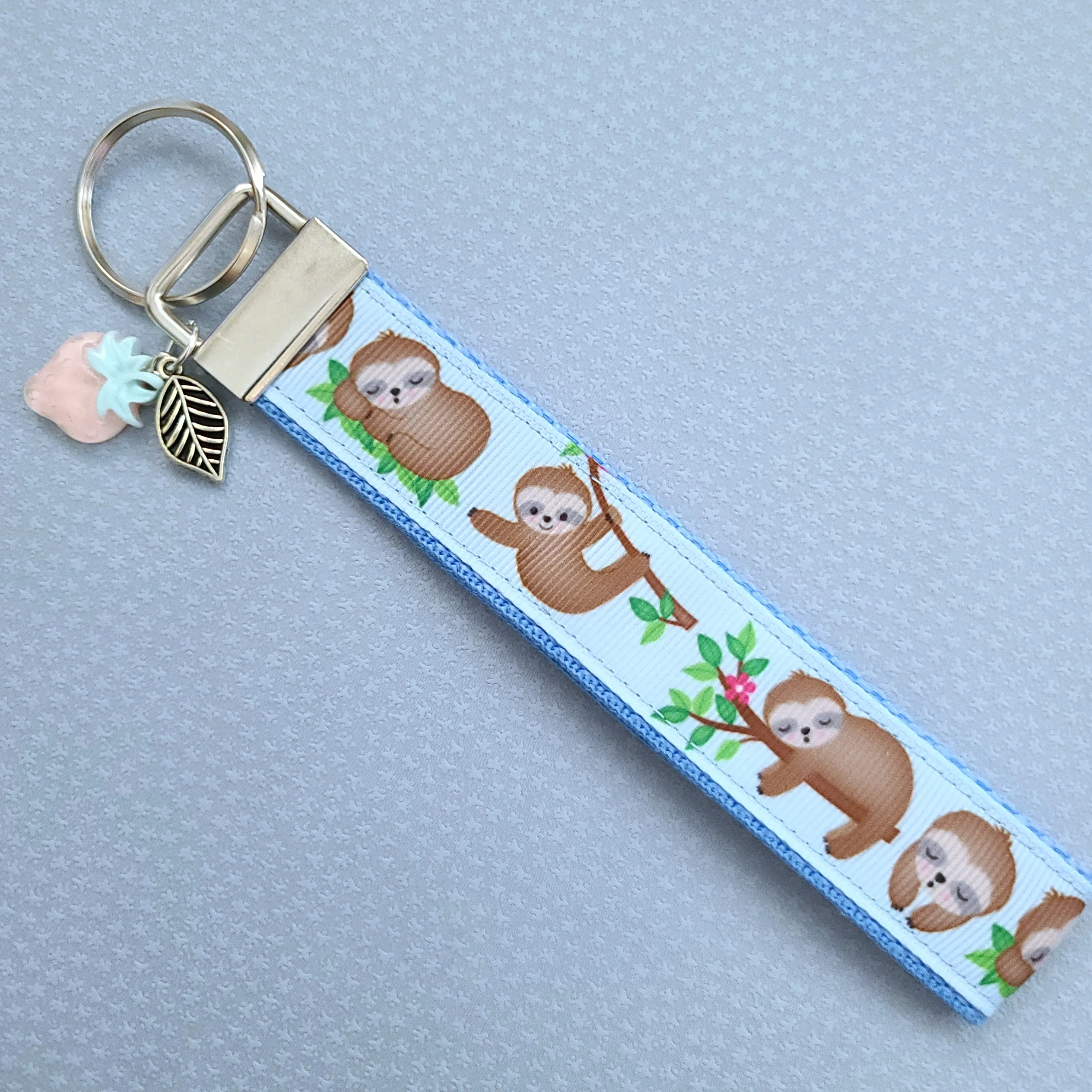 Sleepy Sloths on Blue Silver Key Chain Fob with Charm
