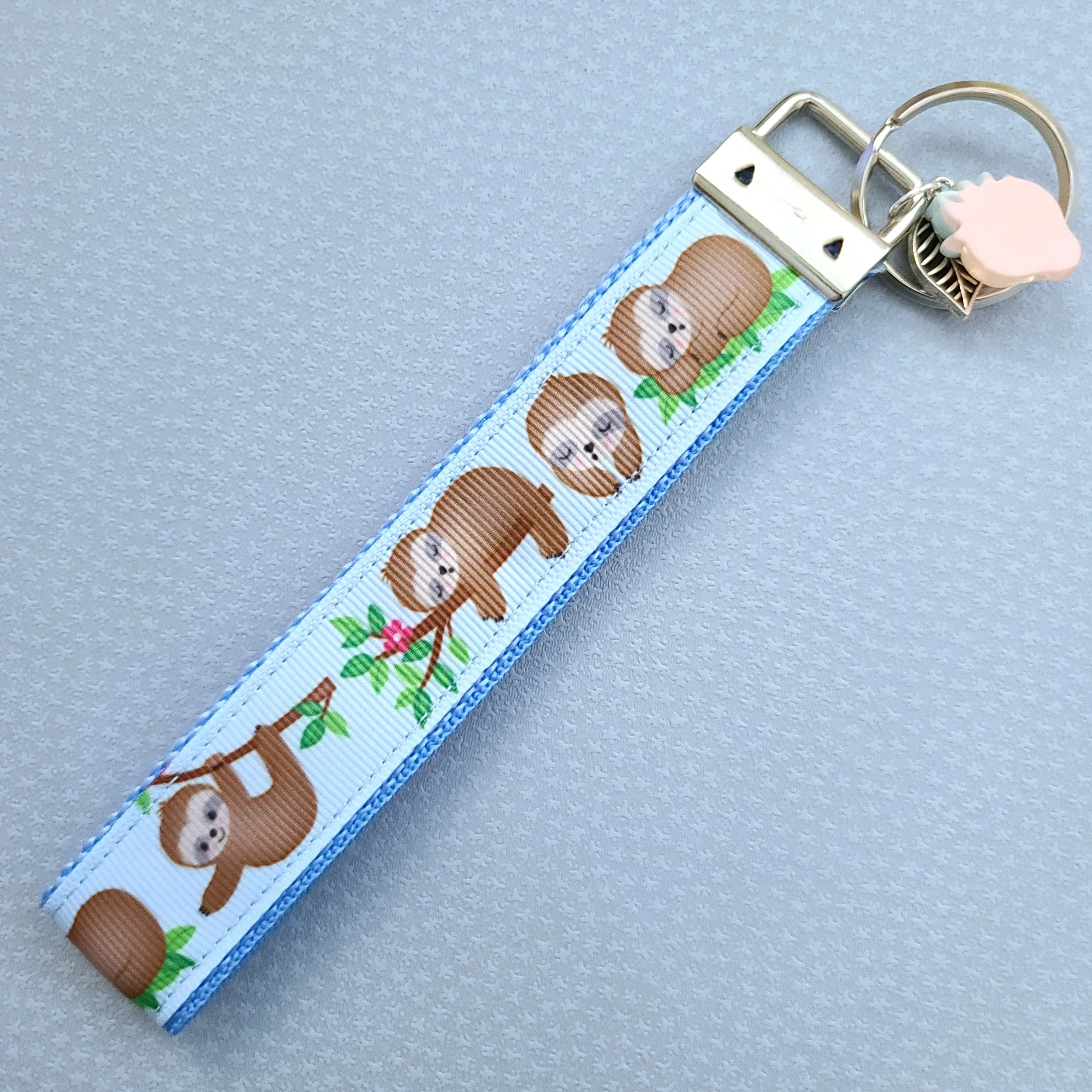 Sleepy Sloths on Blue Silver Key Chain Fob with Charm