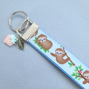 Sleepy Sloths on Blue Silver Key Chain Fob with Charm