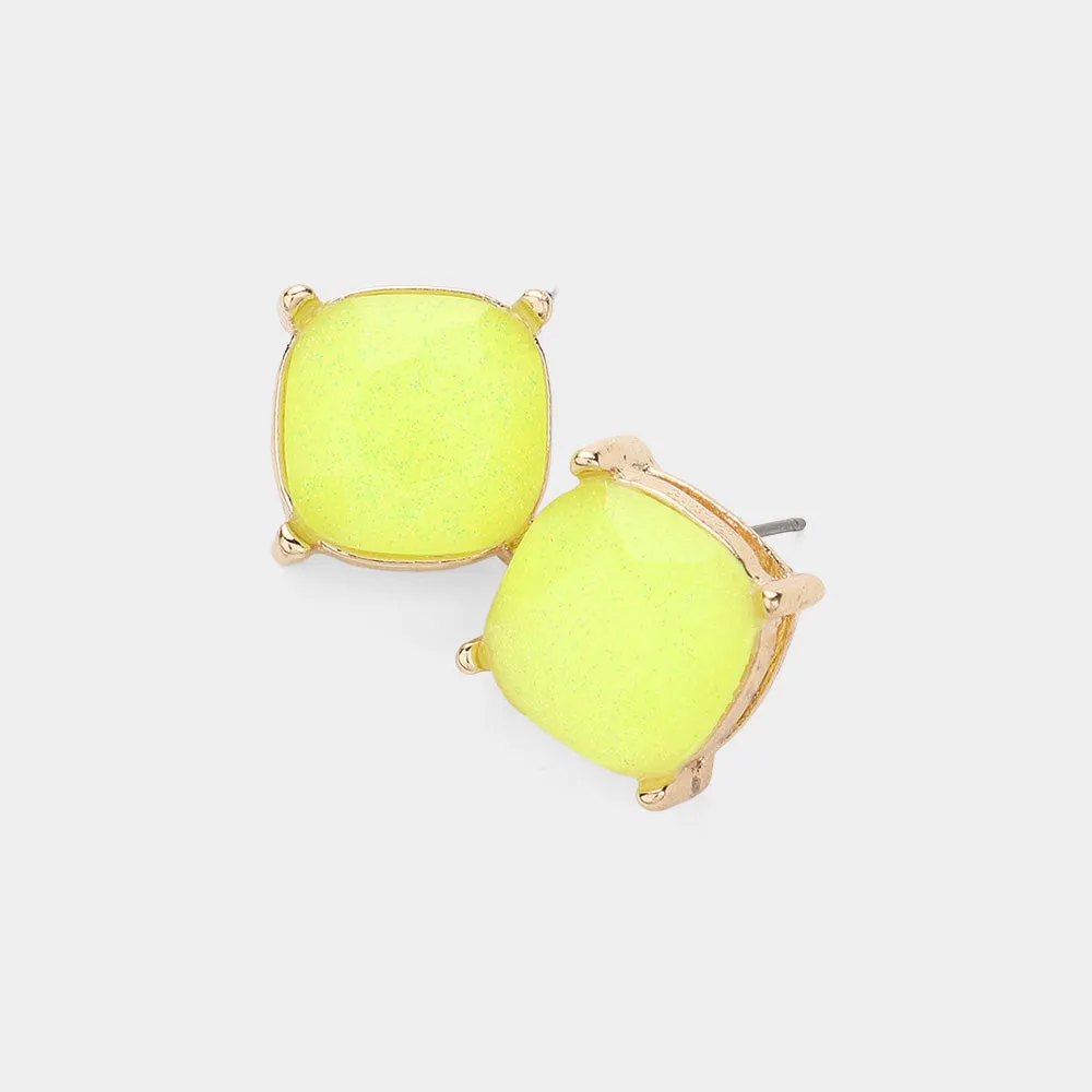 Small Neon Yellow Glittered Cushion Square Stud Pageant Earrings  | Interview Earrings |  587109