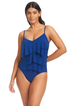 Solid Essentials Geometric Overlay Tummy Control One Piece Swimsuit