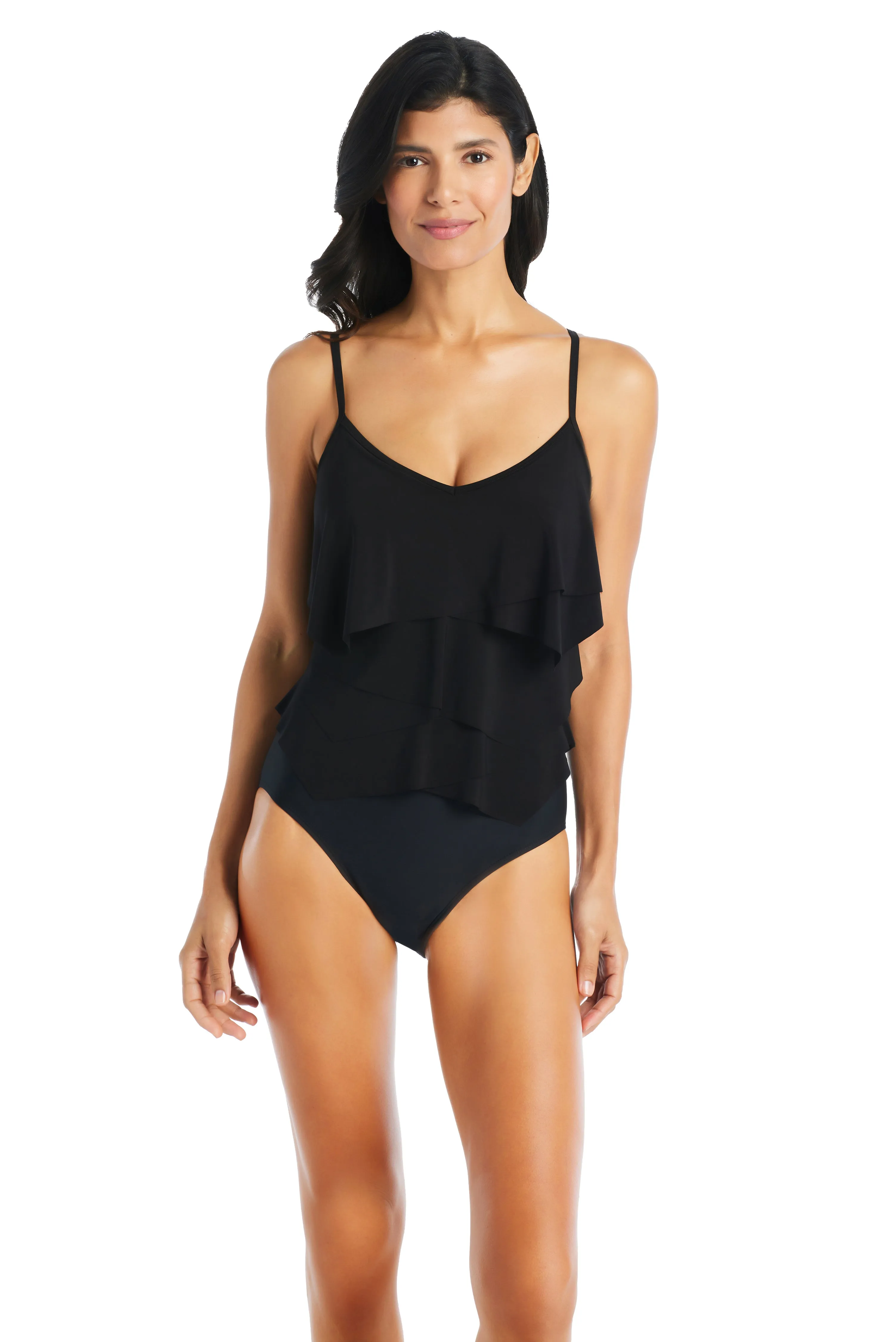 Solid Essentials Geometric Overlay Tummy Control One Piece Swimsuit
