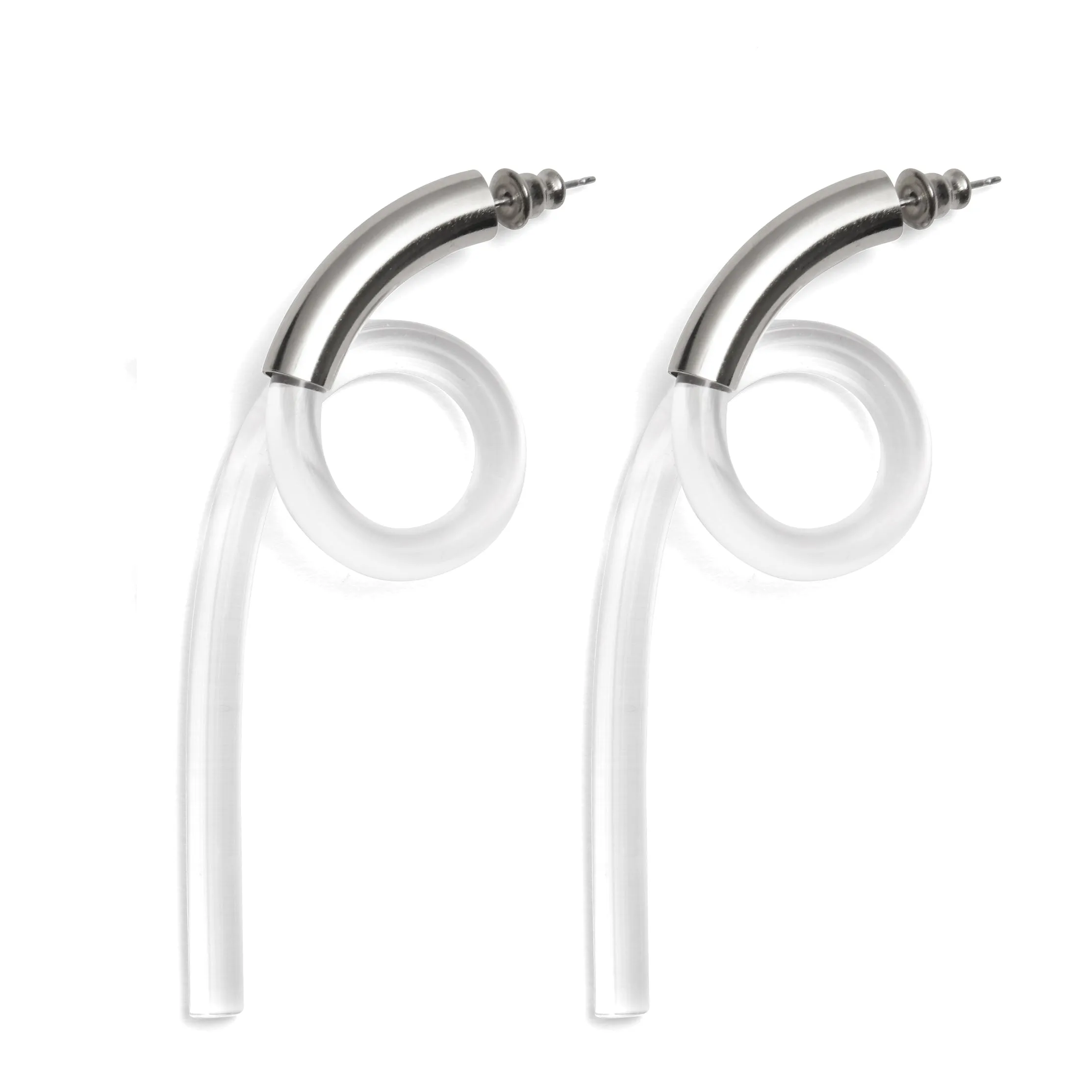 Spiral Lucite Earrings in Rhodium and Clear